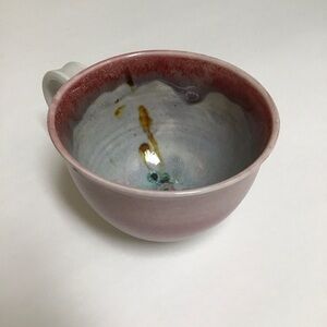 Studio Pottery Coffee Cup SIGNED Pink Green Blue 4” Handmade Handle Mod Teacup